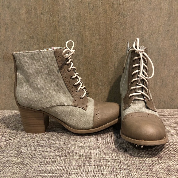 Bucco Tan and Brown Lace Up Boots with Stacked Heel - Picture 3 of 5